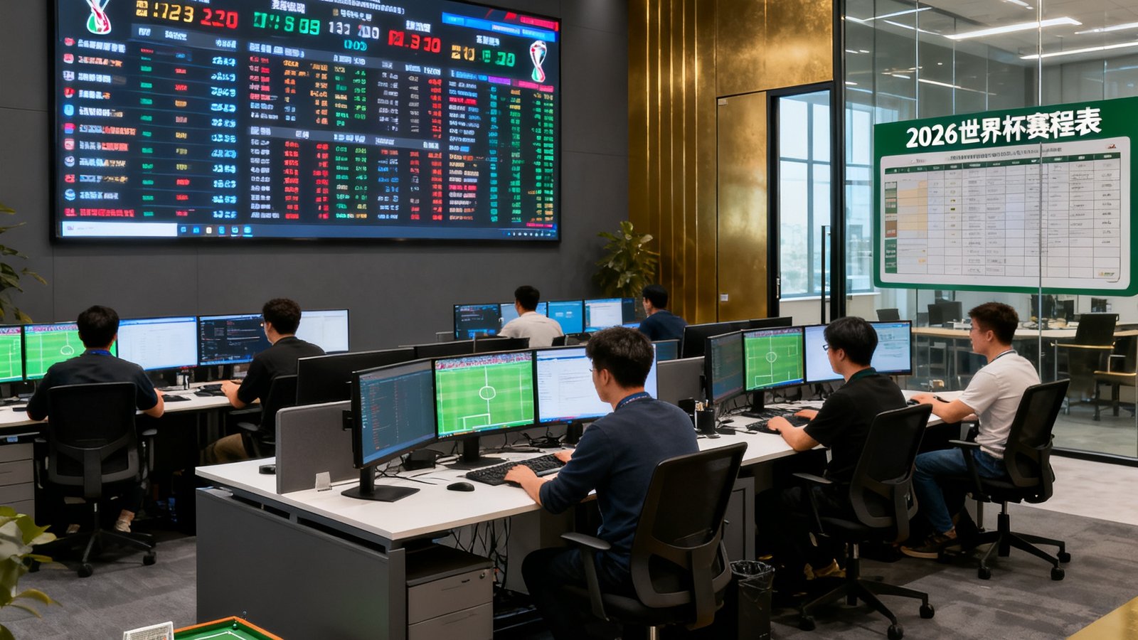 一张展示球探体育数据科技北京办公室内部环境的照片，开放式办公区内数十名数据分析师坐在双屏显示器前专注工作，墙上挂着巨大的LED数据大屏实时滚动全球赛事比分和预测数据，角落设有一个小型足球战术分析沙盘，会议室玻璃门上贴有2026世界杯赛程表，整体装修风格现代简约以深灰和金色为主调。